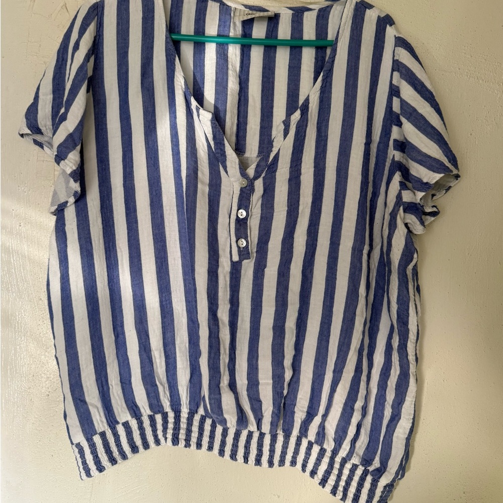 French Laundry Blue and White Puff Sleeve Polo Blouse